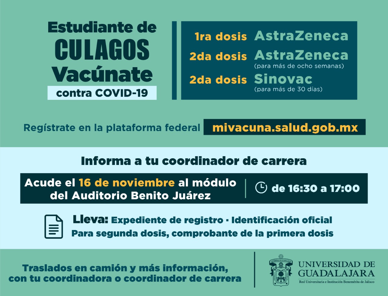 Estudiantes del CULagos podrán vacunarse o completar su esquema de  vacunación contra COVID-19 el próximo 16 de noviembre | Centro  Universitario de los Lagos